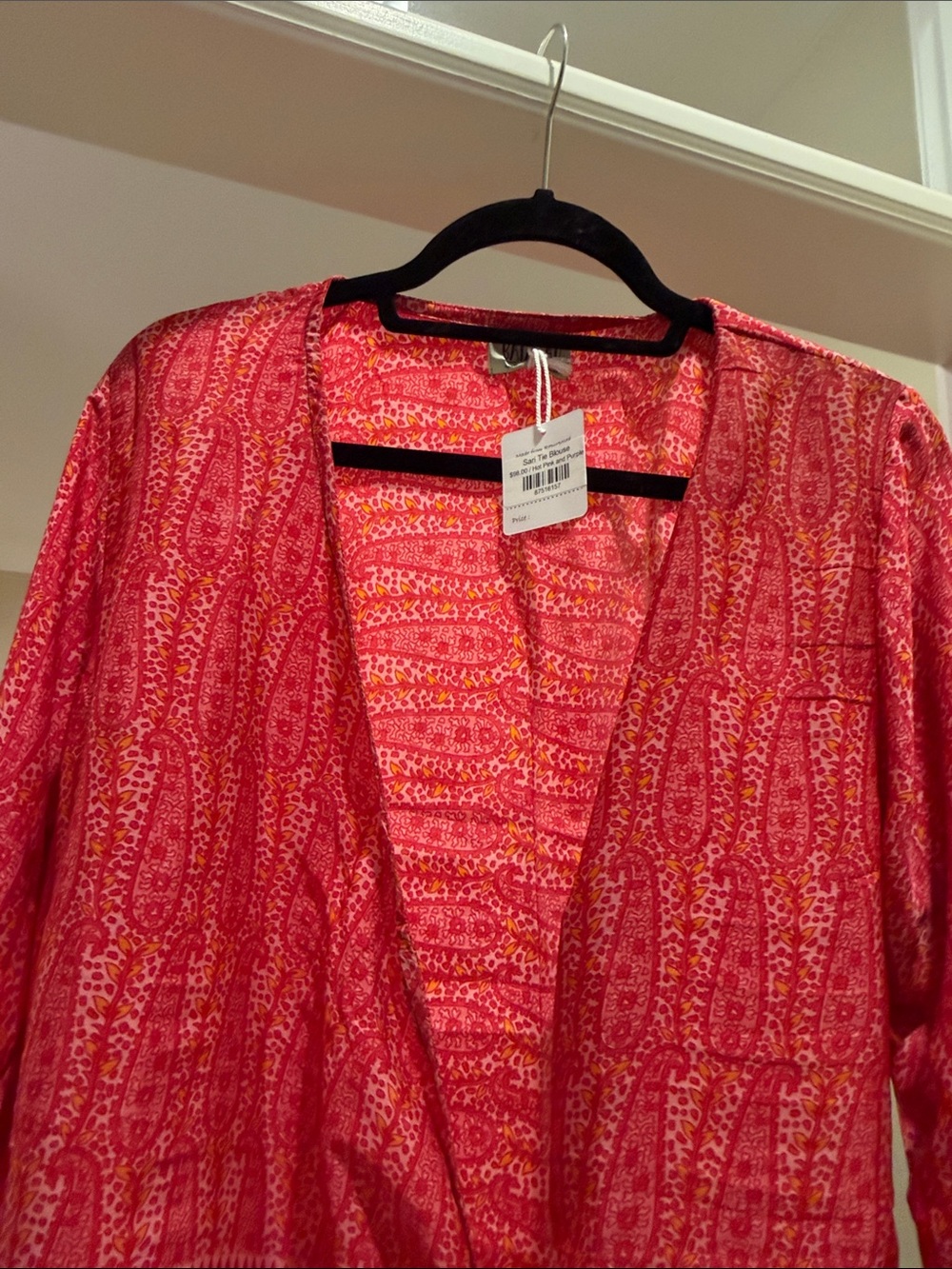 Baizaar Tie-Front Pink & Purple upcycled silk Printed tie front jacket (bw) - Picture 4 of 8